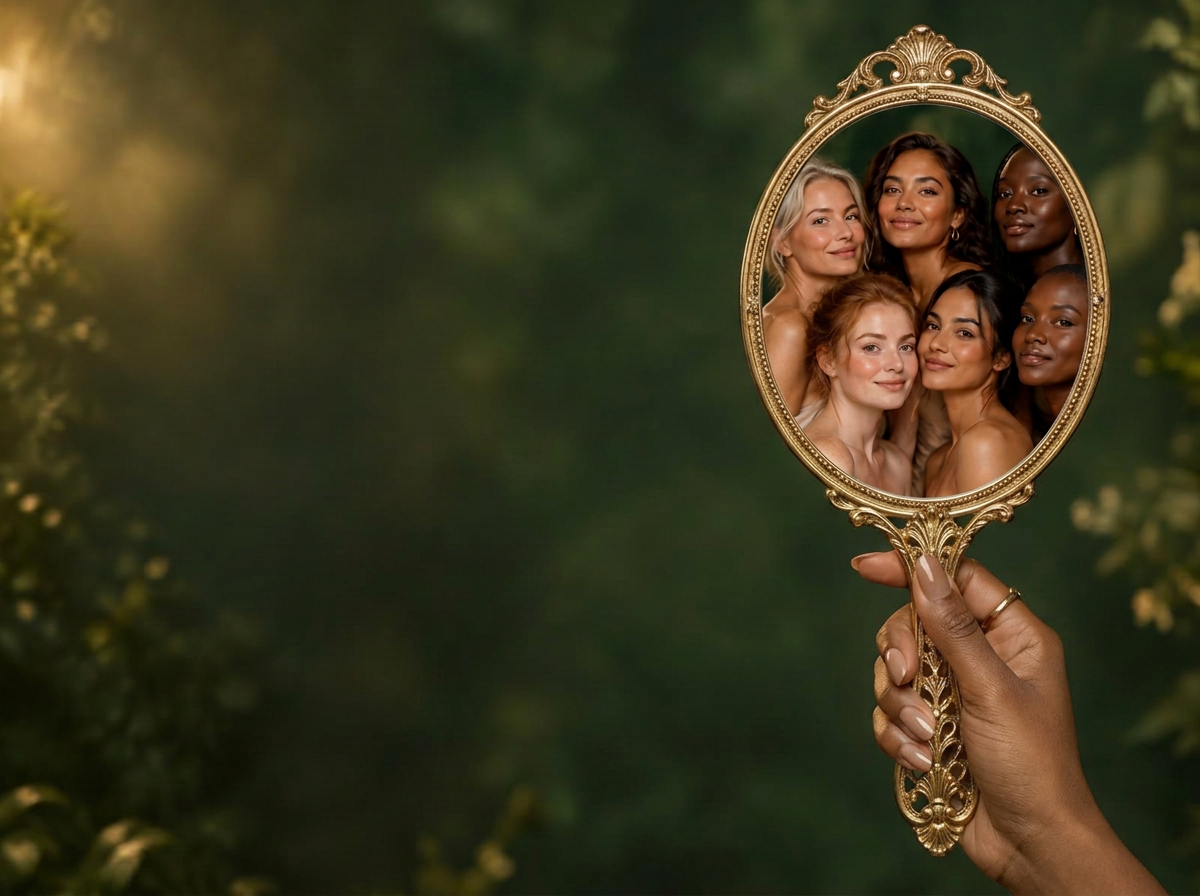 A caramel-skinned hand holding a gold handheld mirror that reflects six women with glowing skin across every Fitzpatrick skin type